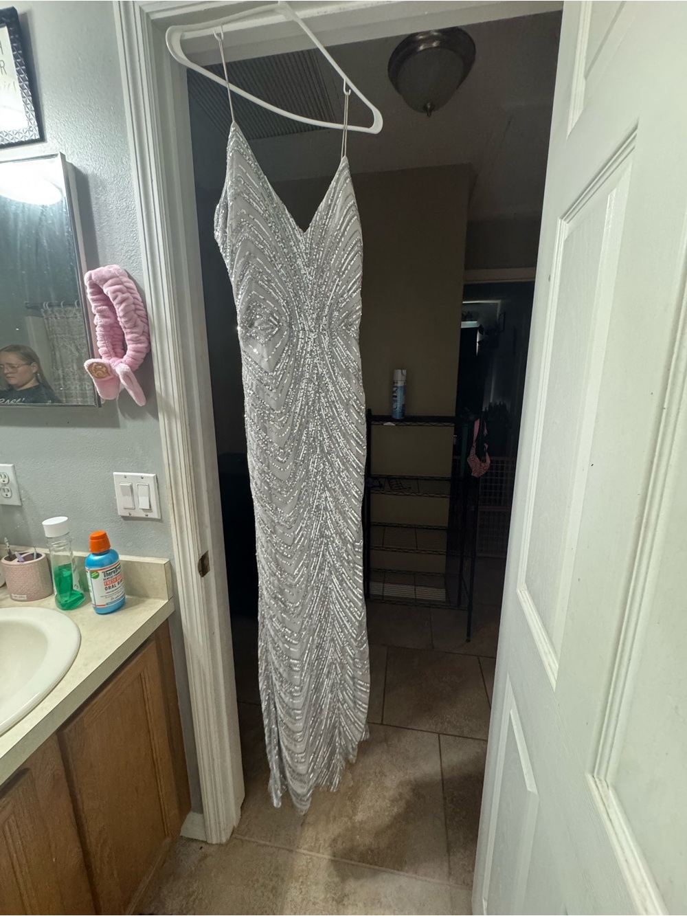 B Darlin Silver Sequin Mesh V-Neck Strappy Long Gown Juniors XL